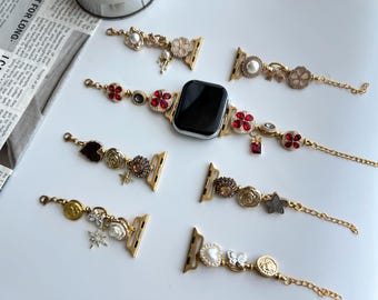 Y2K Gold Charm Chain Apple Watch Band, Vintage Buttons Apple Watch Strap, Pearl Bracelet for Smartwatch, Retro Gold Watch Strap
