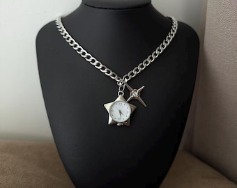 Y2K Punk Cuban Chain Star Watch Pendant Necklace,Rhinestone Four Pointed Star Charm Accessory,Purple Watch Dial Unisex Neck Jewelry