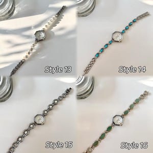 May include: Four women's watches with silver-coloured metal bands and octagonal faces. Style 13 has a pearl band. Style 14 has a band with blue gemstones. Style 15 has a pearl band. Style 16 has a band with green gemstones. Each watch has the style number printed on the image.
