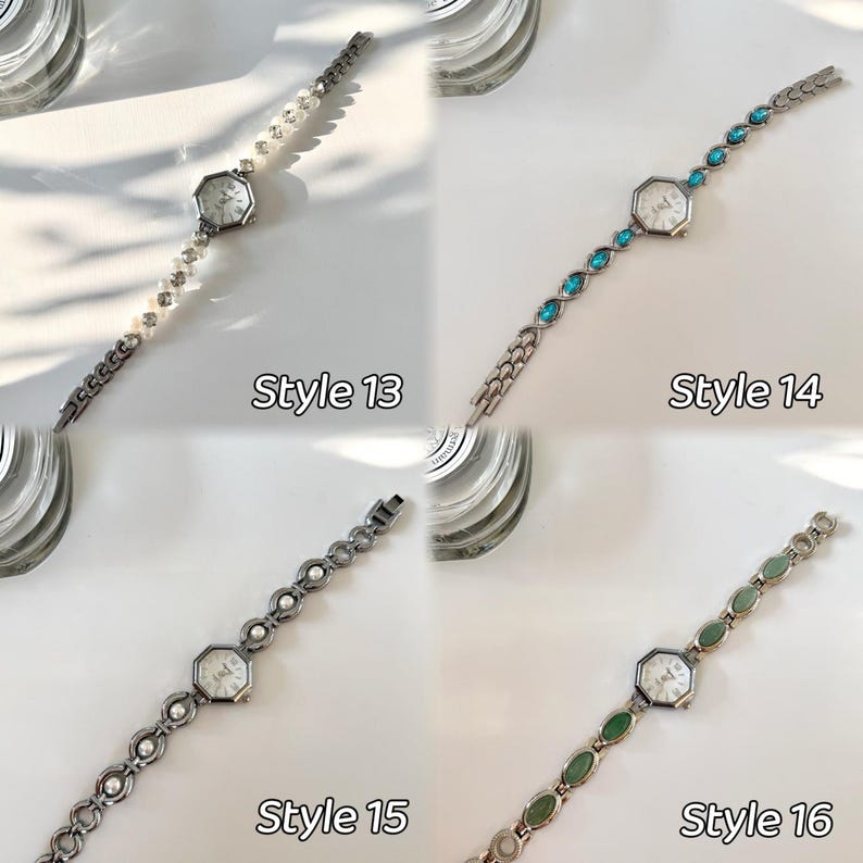 May include: Four women's watches with silver-coloured metal bands and octagonal faces. Style 13 has a pearl band. Style 14 has a band with blue gemstones. Style 15 has a pearl band. Style 16 has a band with green gemstones. Each watch has the style number printed on the image.