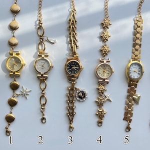Elegant Gold Charm Watch Bracelet for Women, Y2K Gold Wristwatch, Heart Charm Watch Bracelet, Minimalist Watch Gift, Handmade Custom Watch