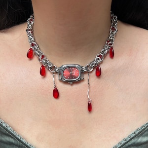 Vintage red watch choker necklace,Y2K red beads charm choker,punk silver chain choker,grunge watch necklace,gothic red charm necklace gift