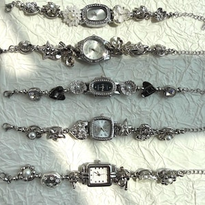 Handmade silver wrist watch,gothic black white watch,punk watch bracelet,DIY charm bracelet watch,90s trendy watch,elegant silver watch gift
