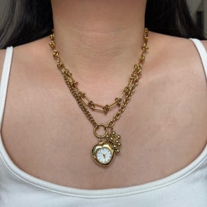 Vintage heart watch pendant necklace,gold heart watch,layered gold chain heart pendant necklace, Wedding watch jewelry,Y2K clock gift idea