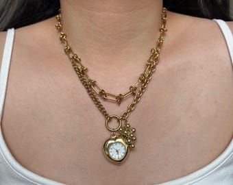 Vintage heart watch pendant necklace,gold heart watch,layered gold chain heart pendant necklace, Wedding watch jewelry,Y2K clock gift idea