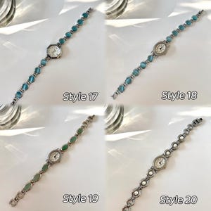 May include: Four women's watches are shown. Each watch features a silver-toned metal strap with decorative stones or pearls. The watch faces are oval or octagonal. The text "Style 17", "Style 18", "Style 19", and "Style 20" are below each watch.