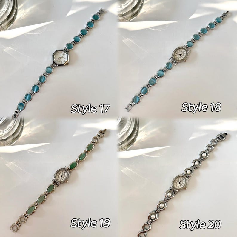May include: Four women's watches are shown. Each watch features a silver-toned metal strap with decorative stones or pearls. The watch faces are oval or octagonal. The text "Style 17", "Style 18", "Style 19", and "Style 20" are below each watch.