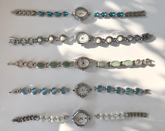 Custom gemstone watch for woman,vintage silver watch jewelry,green beaded bracelet,Y2K Blue watch,colorful jewelry,dignity pearl watch gift