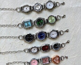 Punk multi-dial wrist watch,grunge silver watch,green watch,red dial watch,pink heart watch,unisex watch gift idea,silver watch bracelet