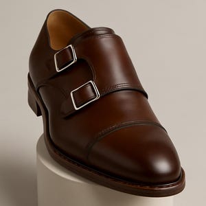 Handmade Brown Leather Double Monk Strap Shoes: Cap Toe Formal Dress