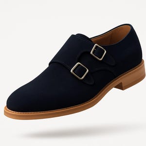 Handgemaakte marineblauwe schoenen met gesp – suède herenschoenen met dubbele gesp