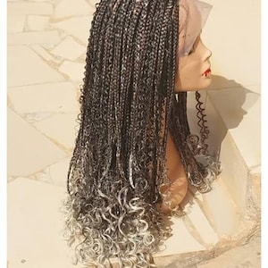 Peluca trenzada, peluca trenzada para mujer, trenzas de caja con rizos, peluca trenzada personalizada, peluca trenzada hecha a mano, peluca trenzada negra para mujer, peluca de encaje completo,