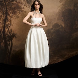 Shine midi wedding dress with a straight corset. Simple satin tea-length wedding gown. Classic short bridal dress with a ball skirt DEBORA