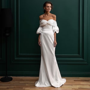 Satin - tulle mermaid wedding dress with a train. Classic wedding gown with open shoulders. Bridal set - corset, skirt, short sleeves EMMA