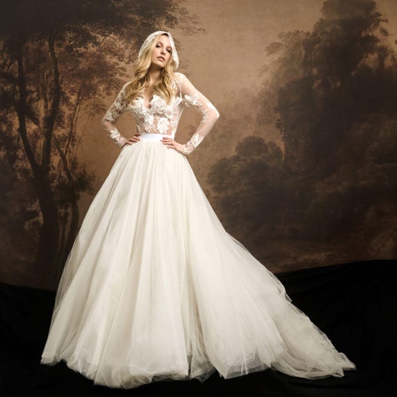 Classic Lace Ball Gown With Long Sleeves and a Wedding Set