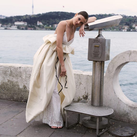 satin boho wedding dress Spaghetti Straps Scoop Satin Pleats Boho Wedding Dress Mermaid Wedding Gown US6 / White
