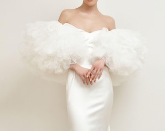Satin Mermaid Wedding Dress: Tulle Sleeves, Long Train, Open Shoulder. IRENE FLOUR