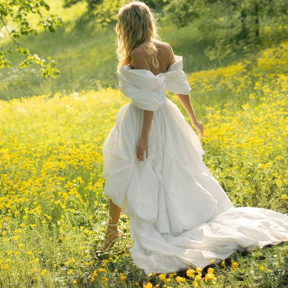 Taffeta Short A-Line Wedding Dress: Short Sleeve Gown with Long Train. Rey