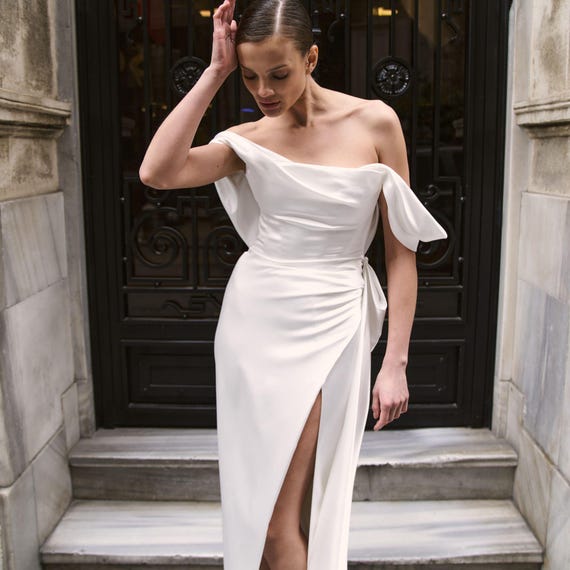 victorian mermaid dress White Victorian Satin Mermaid Wedding Dress off Shoulders. Corset Bridal  Gown Short Sleeves OLGA