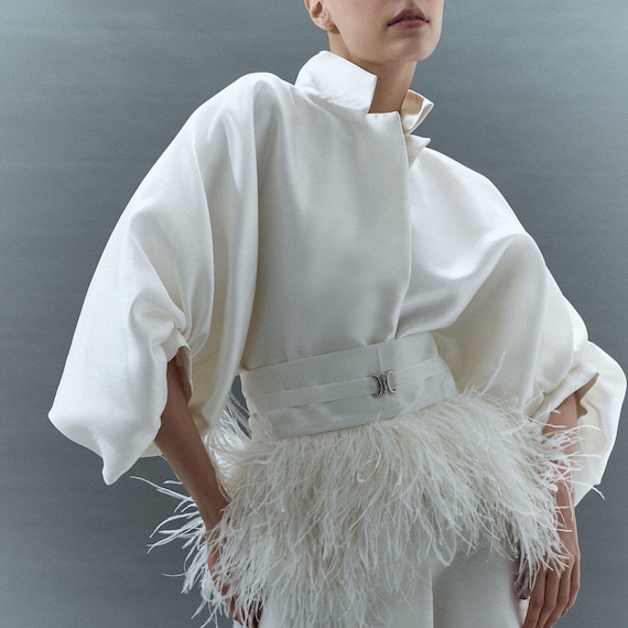 feather peplum dress Simple Satin short Wedding Dress with Feather Peplum Belt. recepton gown  JOLIE