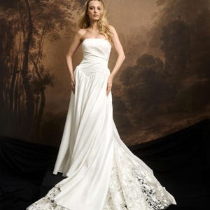 Elegant A-line satin wedding dress. Corset wedding gown with long lace train. Simple white reception bridal dress with open shoulders BETTY