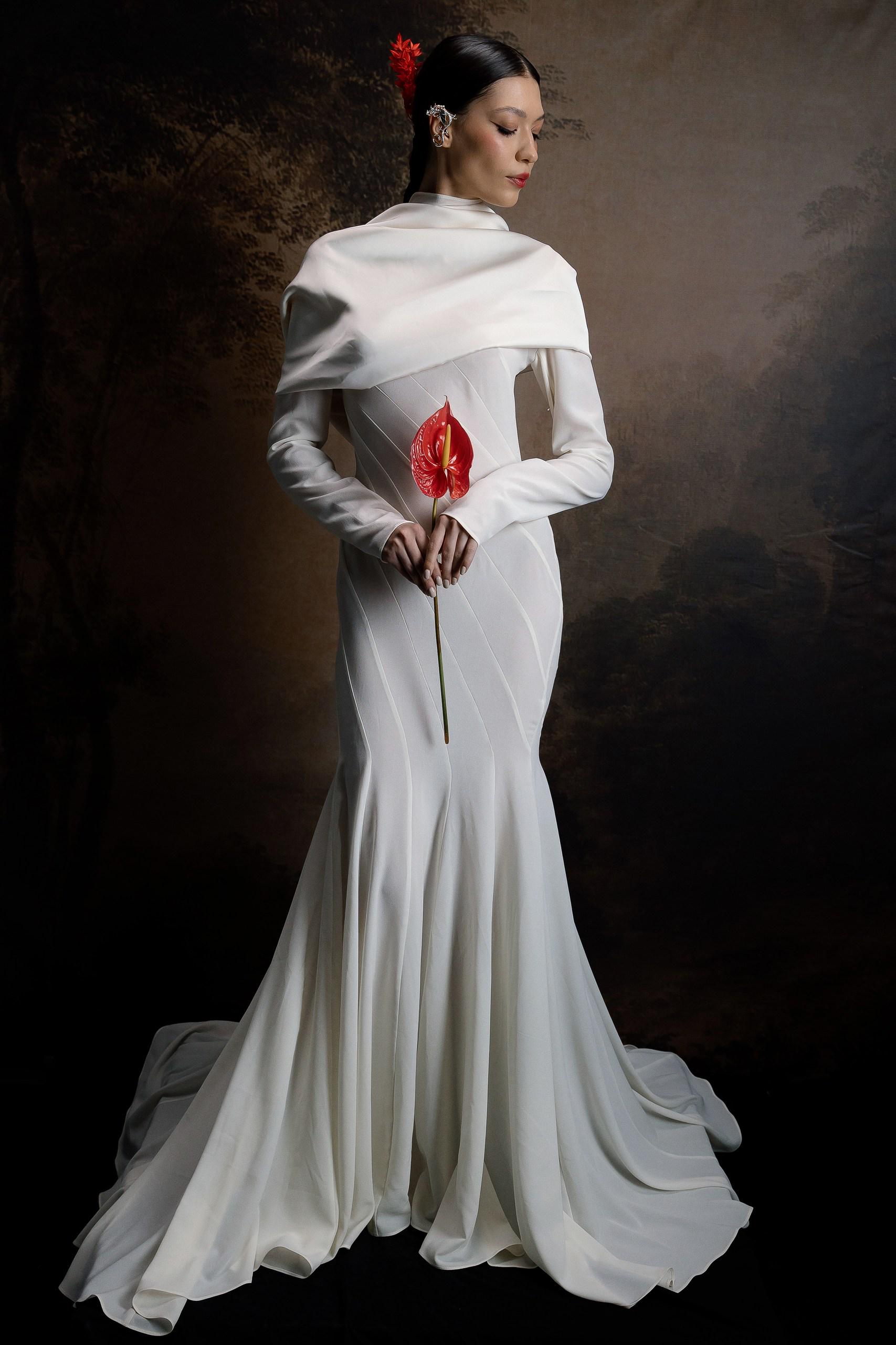 lace and chiffon mermaid wedding dress Zapakasa Women White Chiffon Mermaid Wedding Dress with Lace Sweep Train  V-Neck Long Sleeves Bridal Dress main image 0