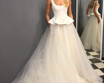 Ivory tulle long wedding dress open back. Tutu skirt, off-shoulder satin corset. Ball gown.