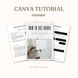 Puede incluir: Tres páginas blancas muestran un "CANVA TUTORIAL FOR BEGINNERS". La página central, "HOW TO USE CANVA", muestra a una persona con un portátil. Otras páginas detallan los conceptos básicos de edición y las funciones de la barra de herramientas. El logotipo de Studio Aydry está en la parte inferior.