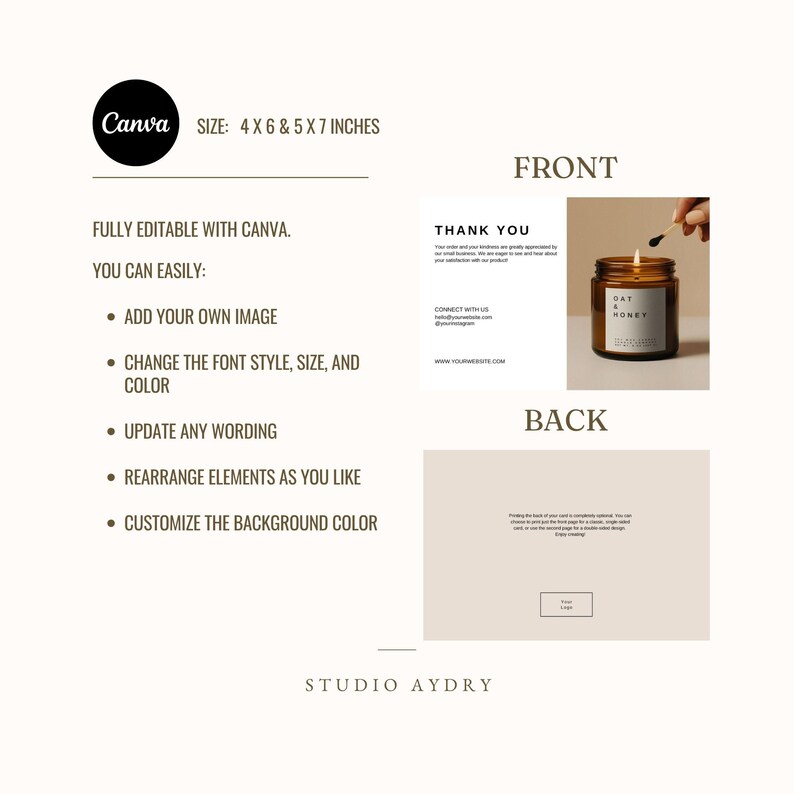Editable Thank You Card Template for Canva Printable Digital Download ...