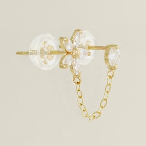 Floral Diamond Chain Earring, Marquise Stud and Round Stud, Gold Double Piercing Earring, Dainty Two-Hole Earring for Her