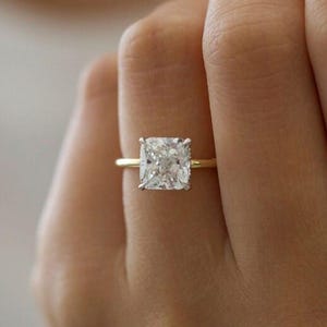 Cushion Cut Lab Grown Diamond Solitaire Ring: 14K Yellow Gold Engagement