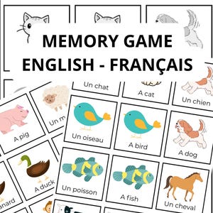 May include: A memory game with English and French text. The game features illustrated cards with animals like a pig, bird, fish, cow, and horse. The cards have both English and French labels.