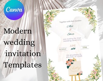 Modern Wedding Invitation Template, Illustrated Wedding Invitation Card, Digital Marriage Card Invite, Editable Canva Template