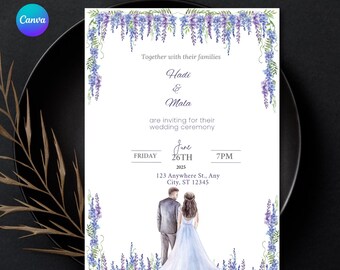 Premium Wedding Invitation Template, Illustrated Wedding Invitation Card, Digital Marriage Invite, Editable Canva Template