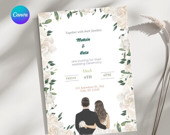 Elegant Illustrated Wedding Invitation Template: Editable Canva Design (Digital Download)