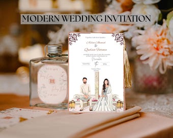 Elegant Illustrated Wedding Invitation Template: Editable Canva Design (Digital Download)