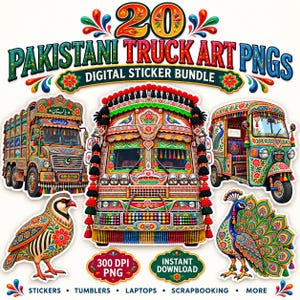 May include: A digital sticker bundle featuring 20 Pakistani truck art PNGs. The collection includes illustrations of a truck, a rickshaw, a bird, and a peacock, all decorated with vibrant, intricate floral patterns and traditional colourful motifs.