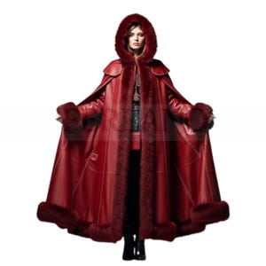 Red Leather Hooded Cape: Fur Trim Gothic Steampunk Costume
