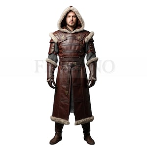 Leather Warrior Coat: Medieval Armor, Fur Trim Cosplay, Hooded coat