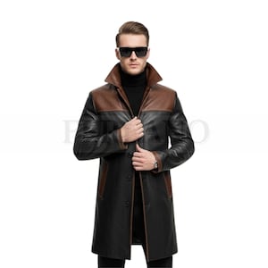 Handmade Two-Tone Leather Trench Coat: Men&#39;s Black & Brown Long Jacket