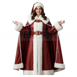 Red Leather Santa Suit: Fur Trim Christmas Costume with Hat