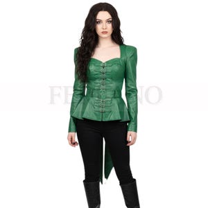 Women’s Green Corset Leather Jacket – Dramatic Buckle-Strapped Outerwear-Emerald Gothic Leather Corset Jacket–Buckled Steampunk Fantasy wear