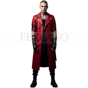 Red Leather Steampunk Trench Coat: Gothic Warlord Style, Arm Wraps