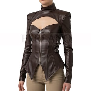 Brown Leather Warrior Jacket–Buckle Accents and Cut-out Chest Detail-Brown Leather with Zipper and Side Buckles-Fantasy Leather Jacket