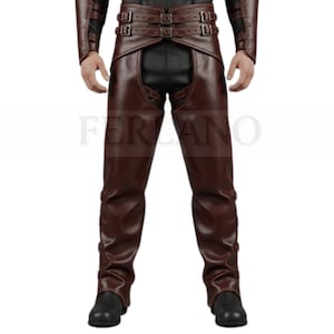 Brown Leather chap with Belt Straps – Cyberpunk and Gothic Trousers for Men-Buckled Brown Leather Cosplay chap/Gay chap