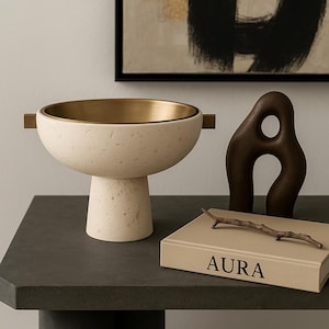Handmade Travertine Pedestal Bowl with Brass Interior – Modern Stone Decor
