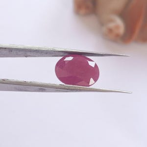 Può includere: Una gemma di rubino sfaccettata, taglio ovale, tenuta da pinzette d'argento. Il rubino è di un colore rosso intenso e ricco, con molteplici sfaccettature che catturano la luce. Lo sfondo è bianco neutro.