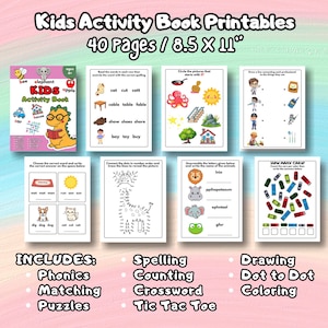 Kids Activity Book Printable, 40 Pages of Phonics, Puzzles, Matching, Counting, Spelling & Coloring for Preschool and Kindergarten Learners