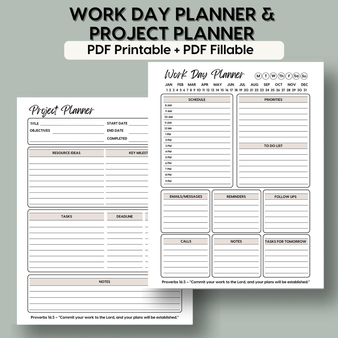 Work Day and Project Planner | Printable Daily Schedule and Task List ...