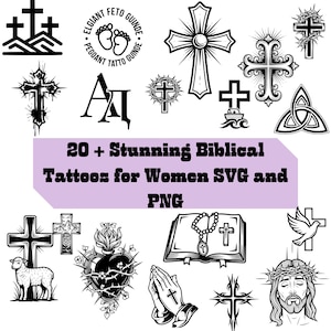 May include: A collection of black and white religious-themed illustrations, including crosses, a lamb, a dove, praying hands, and a depiction of Jesus. Text reads "20 + Stunning Biblical Tattoos for Women SVG and PNG."